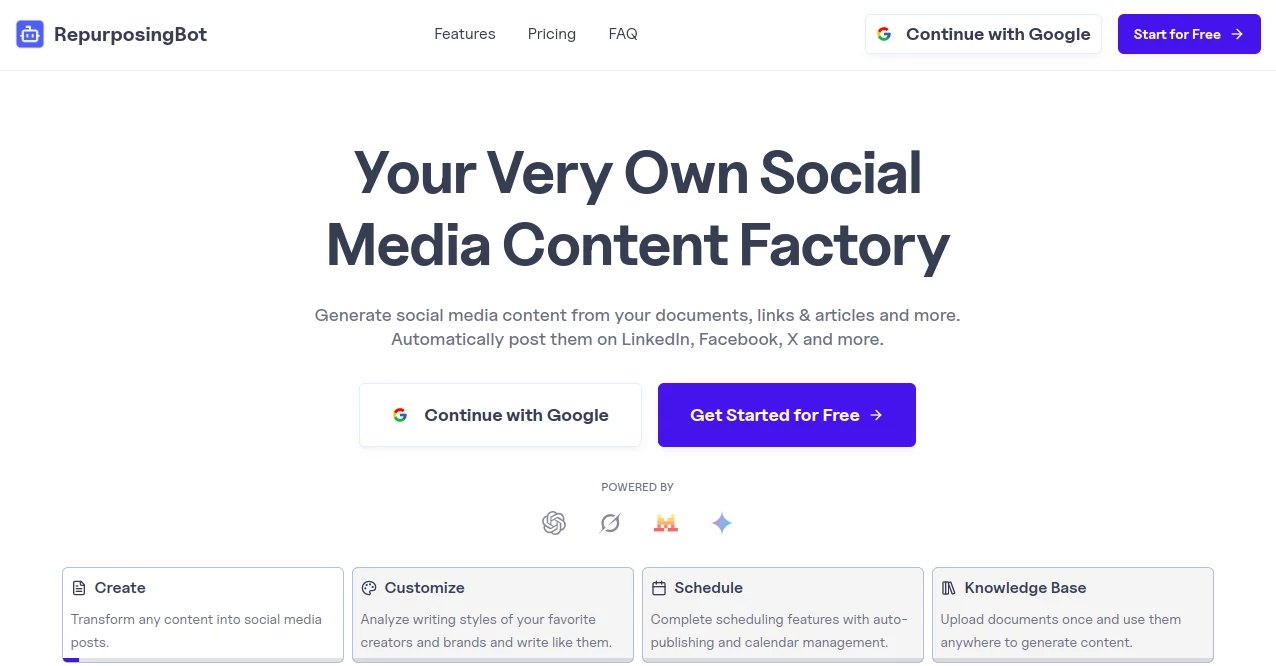 Screenshot of RepurposingBot – An AI tool in the ,AI Repurpose Assistant  category, showcasing its interface and key features.