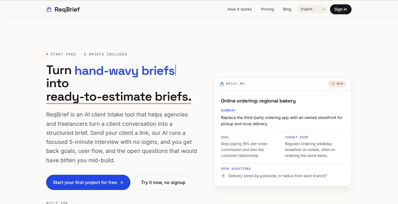Screenshot of ReqBrief – An AI tool in the ,AI Workflow Management ,AI Project Management ,AI Productivity Tools ,AI Developer Tools  category, showcasing its interface and key features.
