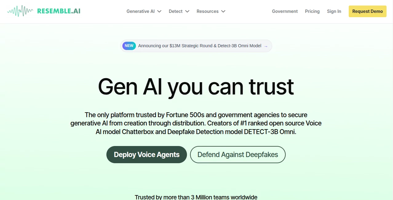 Screenshot of Resemble AI – An AI tool in the ,AI Voice Cloning ,AI Text to Speech ,AI Speech Synthesis ,AI Voice & Audio Editing  category, showcasing its interface and key features.
