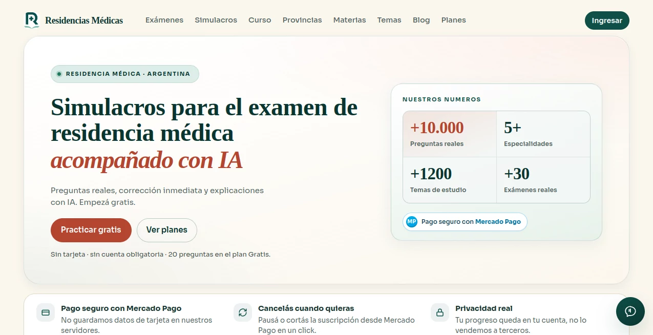Screenshot of Residencias Médicas – An AI tool in the ,AI Quizzes ,AI Education Assistant ,AI Coaching  category, showcasing its interface and key features.
