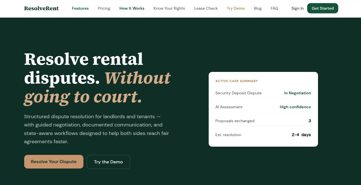 Screenshot of ResolveRent – An AI tool in the ,Other ,AI E-commerce Assistant ,AI Legal Assistant  category, showcasing its interface and key features.