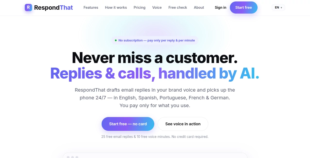Screenshot of RespondThat – An AI tool in the ,AI Productivity Tools ,AI Email Assistant ,AI Customer Service Assistant ,AI Response Generator  category, showcasing its interface and key features.