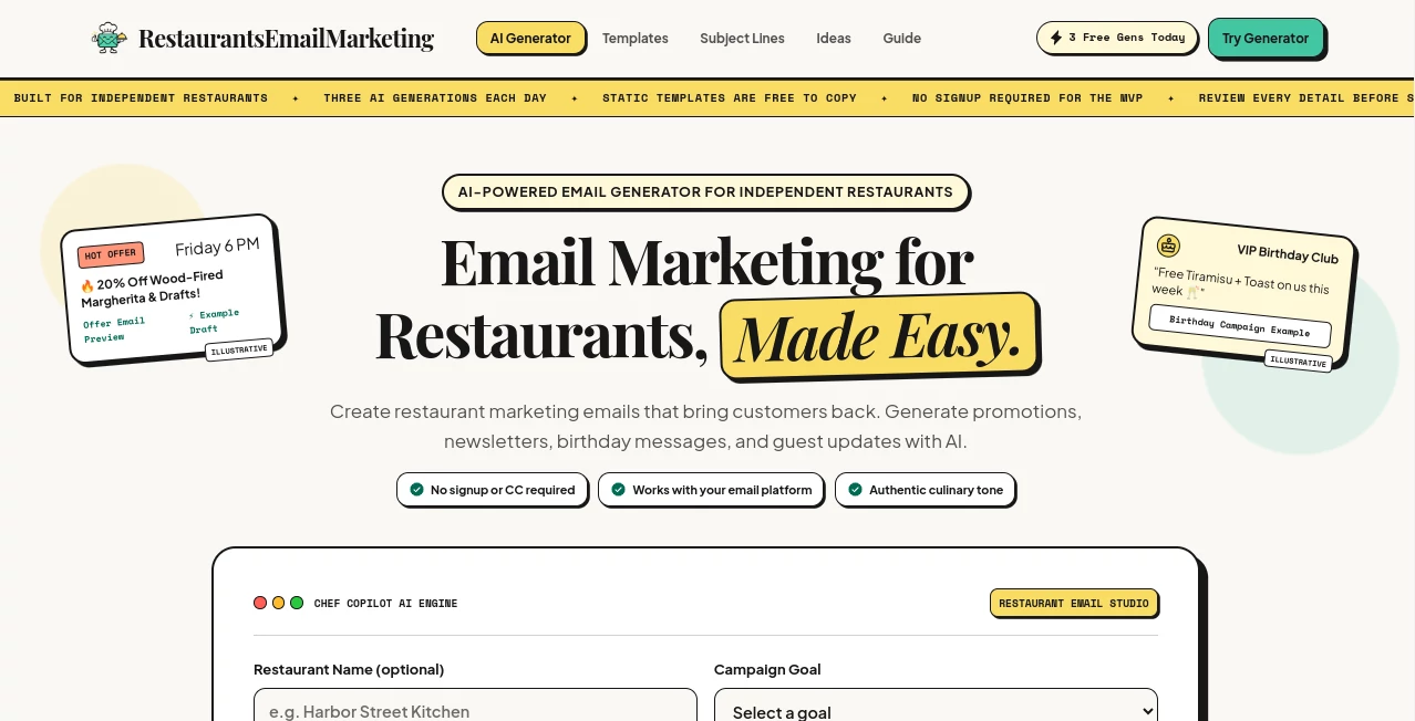 Screenshot of Restaurants Email Marketi – An AI tool in the ,AI Email Assistant ,AI Email Generator ,AI Email Marketing ,Text & Writing ,AI Email Writer  category, showcasing its interface and key features.