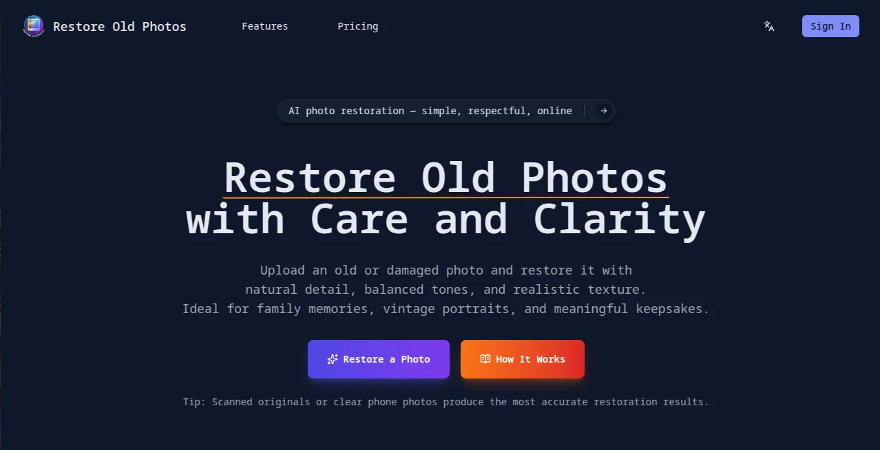 Screenshot of Restore Old Photos – An AI tool in the ,Photo & Image Editor ,AI Photo Enhancer ,AI Photo Restoration ,AI Photography  category, showcasing its interface and key features.