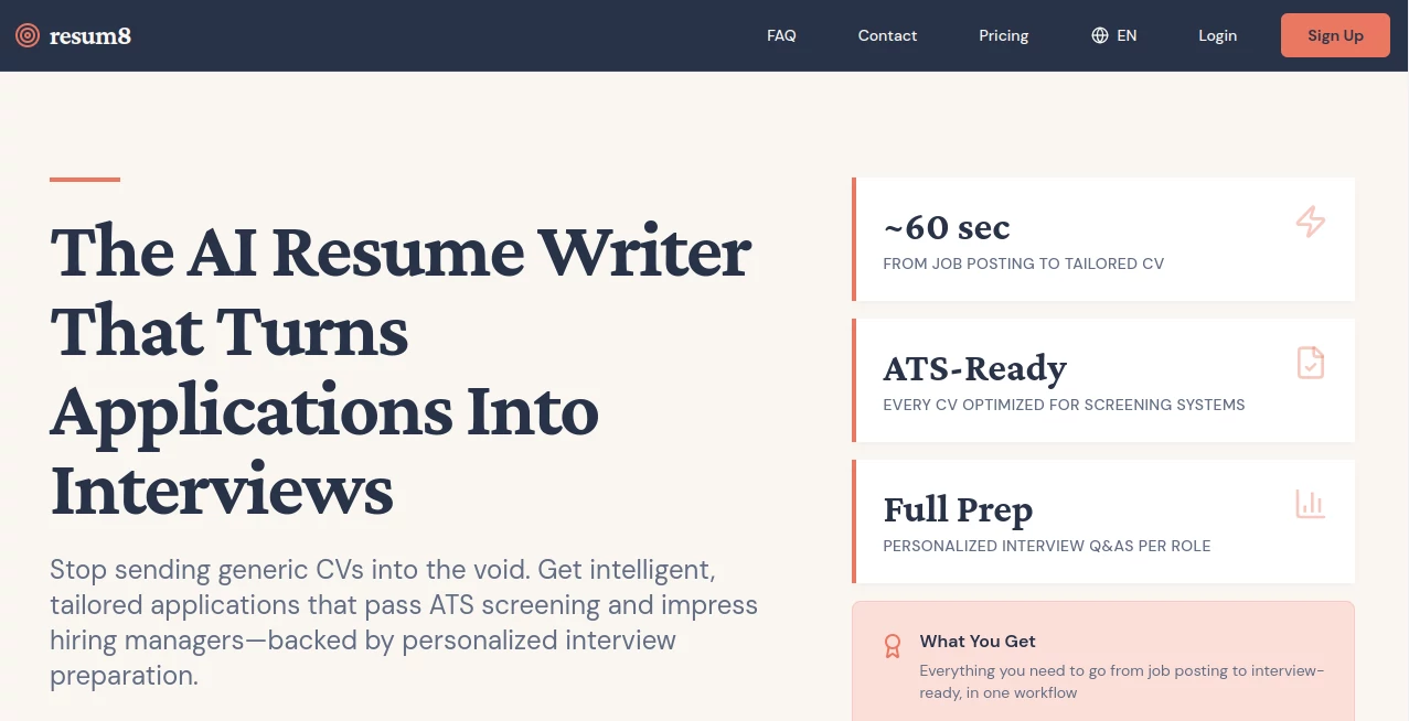 Screenshot of resum8 – An AI tool in the ,AI Writing Assistants ,AI Resume Builder ,AI Cover Letter Generator  category, showcasing its interface and key features.