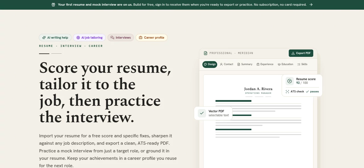 Screenshot of Resume Studio – An AI tool in the ,AI Cover Letter Generator ,AI Interview Assistant ,AI Recruiting ,AI Resume Builder  category, showcasing its interface and key features.