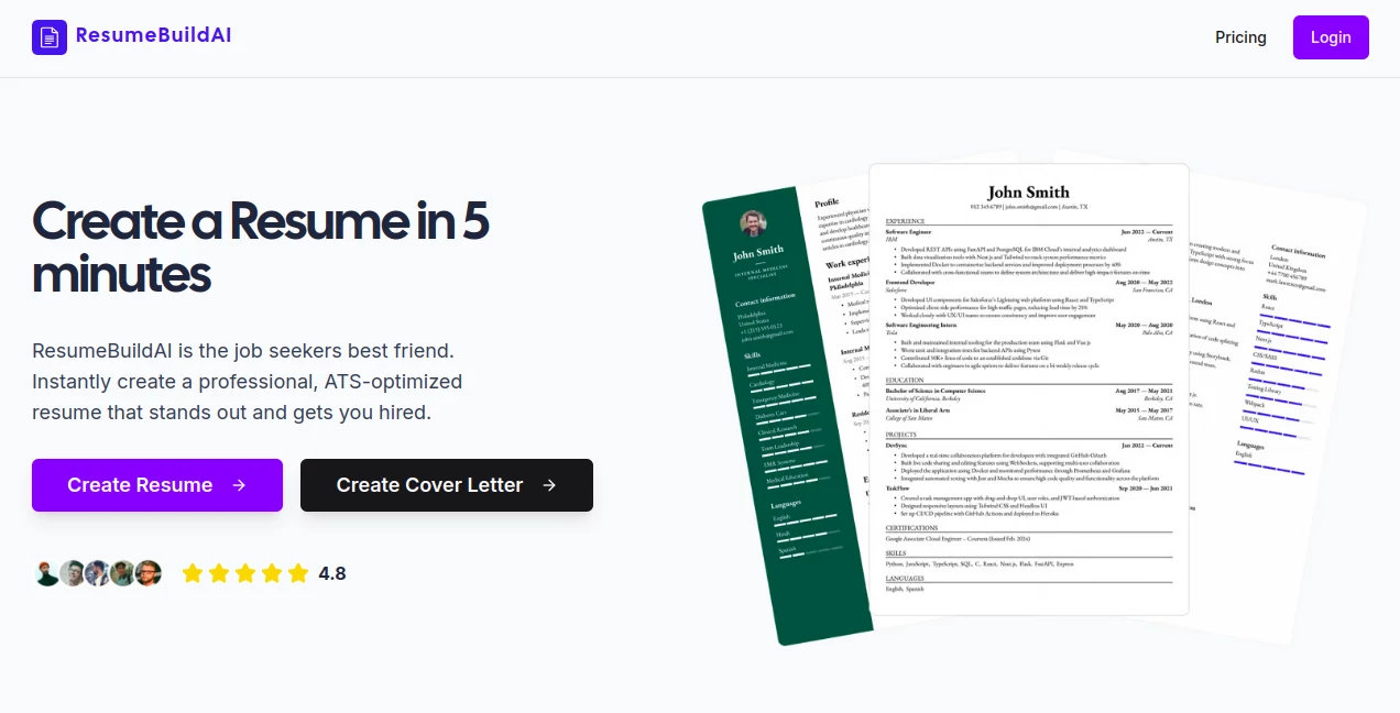 Screenshot of ResumeBuildAI – An AI tool in the ,AI Cover Letter Generator ,AI Interview Assistant ,AI Recruiting ,AI Resume Builder  category, showcasing its interface and key features.