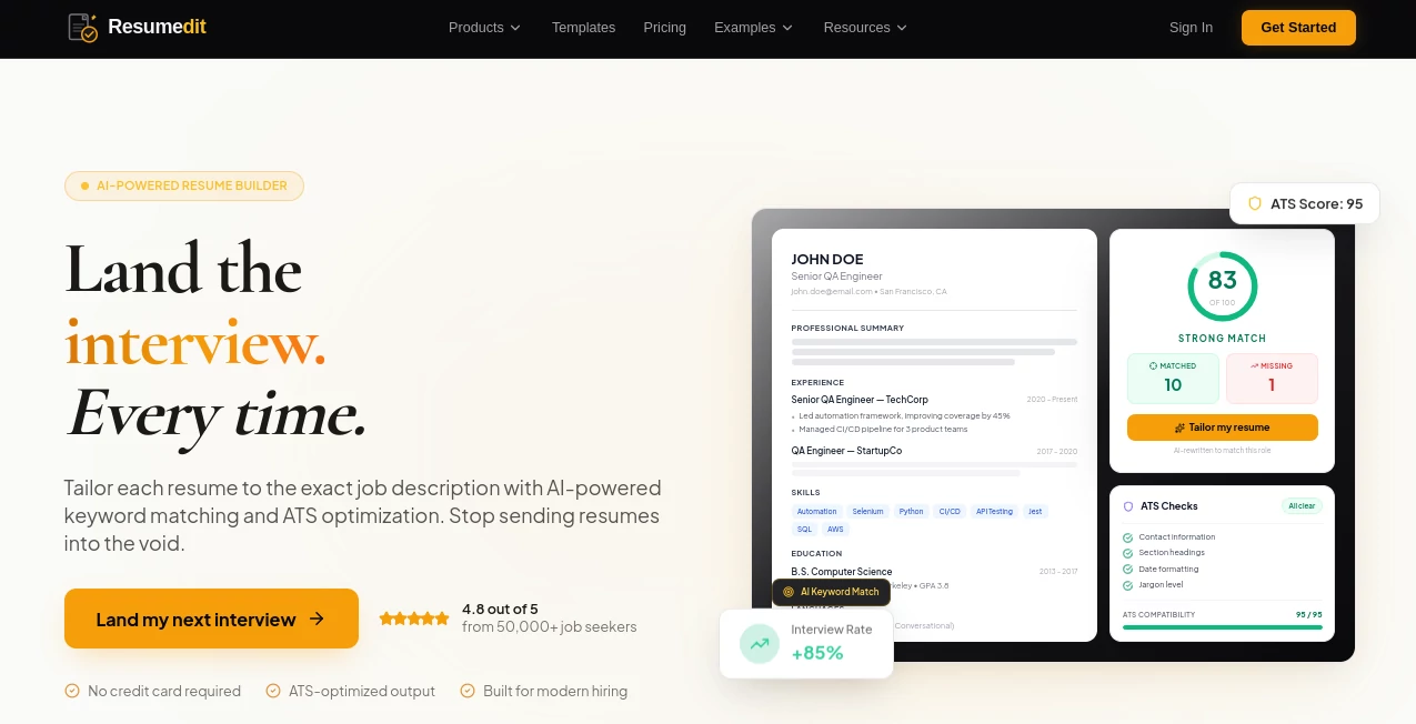 Screenshot of Resumedit – An AI tool in the ,AI Writing Assistants ,AI Resume Builder ,AI Cover Letter Generator  category, showcasing its interface and key features.