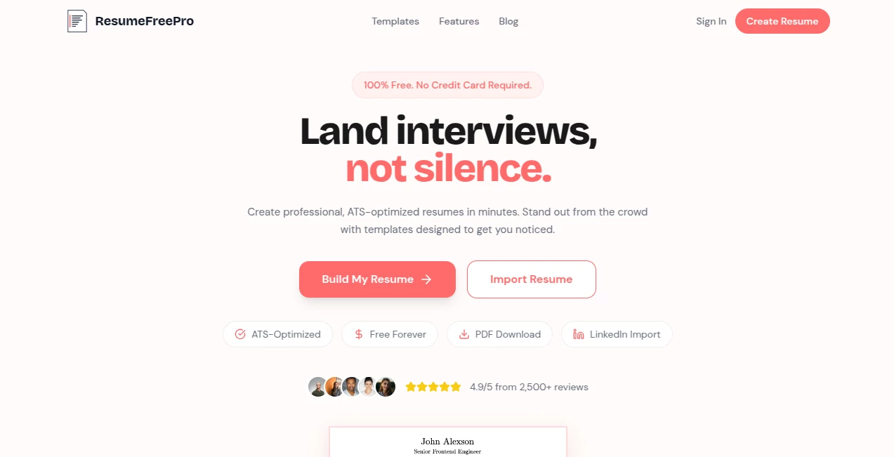 Screenshot of ResumeFreePro – An AI tool in the ,AI Cover Letter Generator ,AI Resume Builder ,AI Documents Assistant ,AI Writing Assistants  category, showcasing its interface and key features.