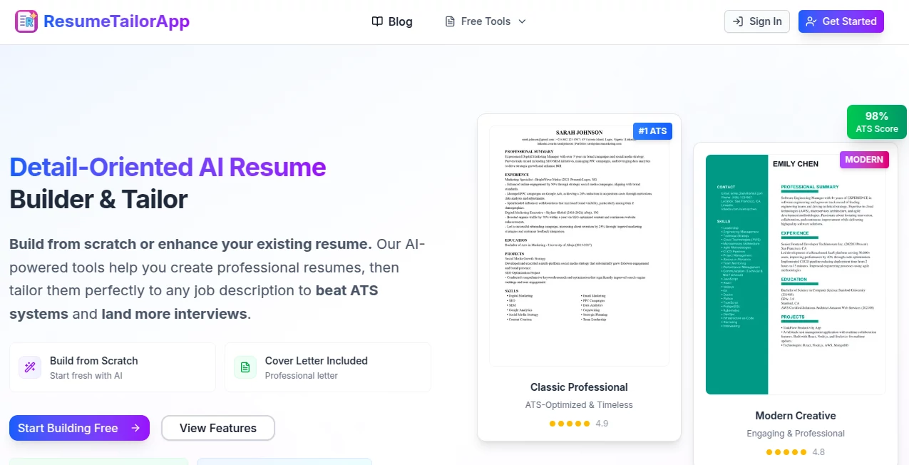 Screenshot of ResumeTailorApp – An AI tool in the ,AI Cover Letter Generator ,AI Resume Builder ,AI Recruiting ,AI Writing Assistants  category, showcasing its interface and key features.