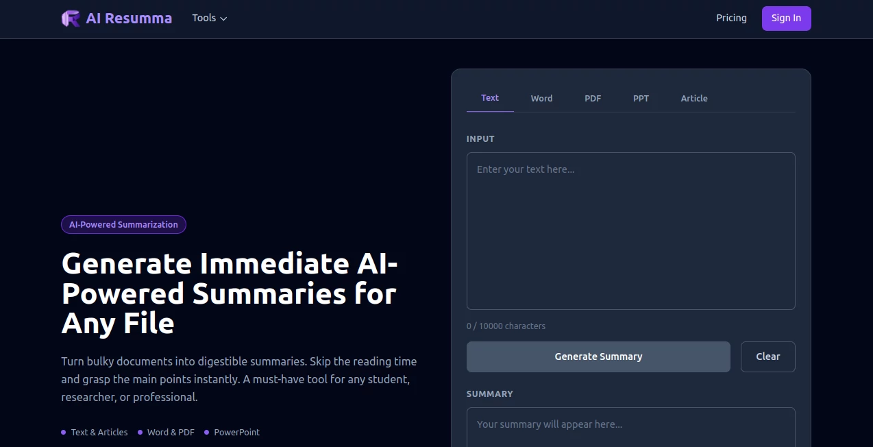 Screenshot of AI Resumma – An AI tool in the ,AI Writing Assistants ,AI Content Generator ,AI Resume Builder ,AI Cover Letter Generator  category, showcasing its interface and key features.