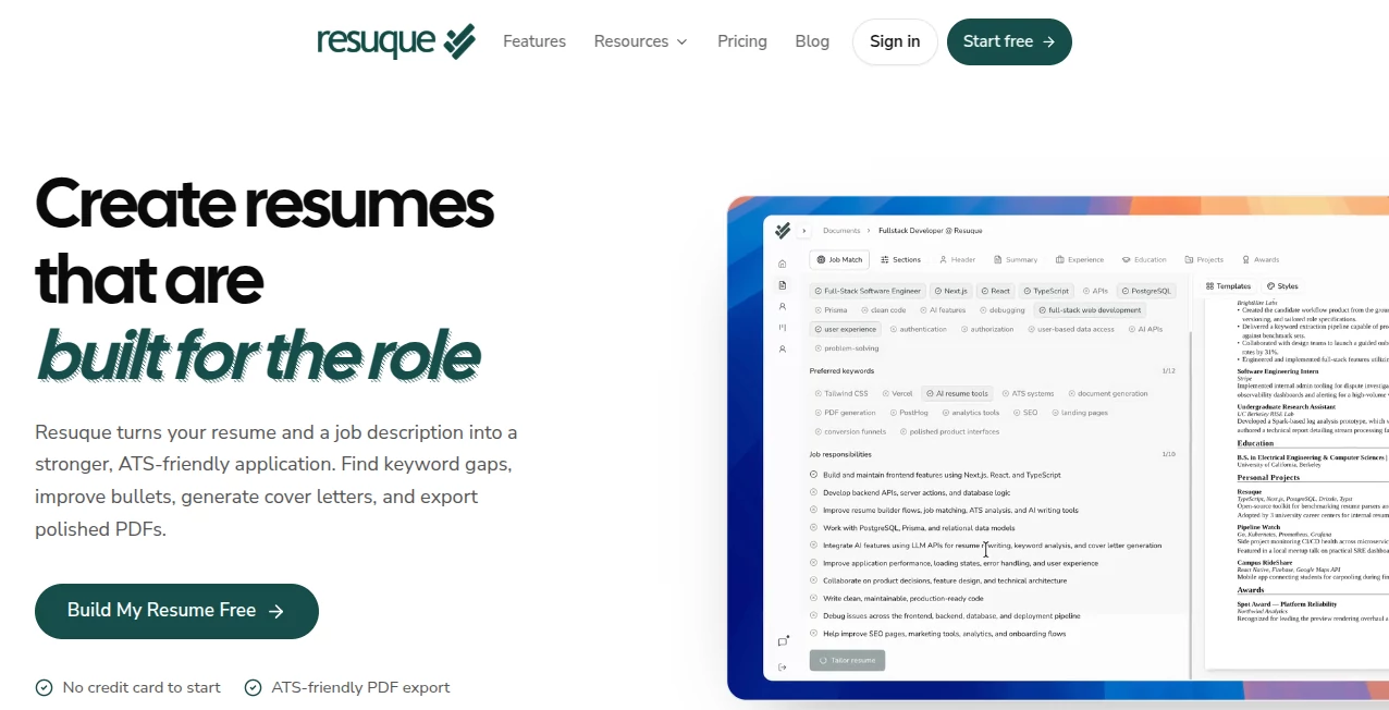 Screenshot of Resuque – An AI tool in the ,AI Cover Letter Generator ,AI Resume Builder ,AI Recruiting ,AI Writing Assistants  category, showcasing its interface and key features.