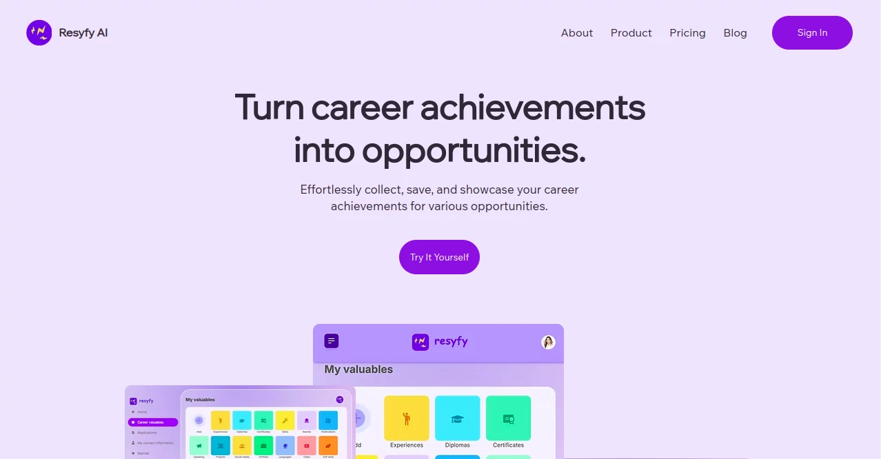Screenshot of Resyfy AI – An AI tool in the ,AI Writing Assistants ,AI Resume Builder ,AI Productivity Tools  category, showcasing its interface and key features.