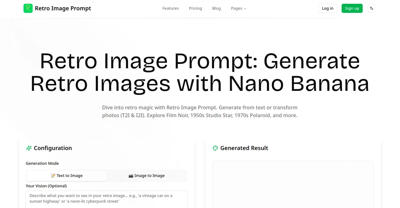 Screenshot of Retro Image Prompt – An AI tool in the ,AI Photo & Image Generator ,Photo & Image Editor ,AI Art Generator ,AI Image to Image  category, showcasing its interface and key features.
