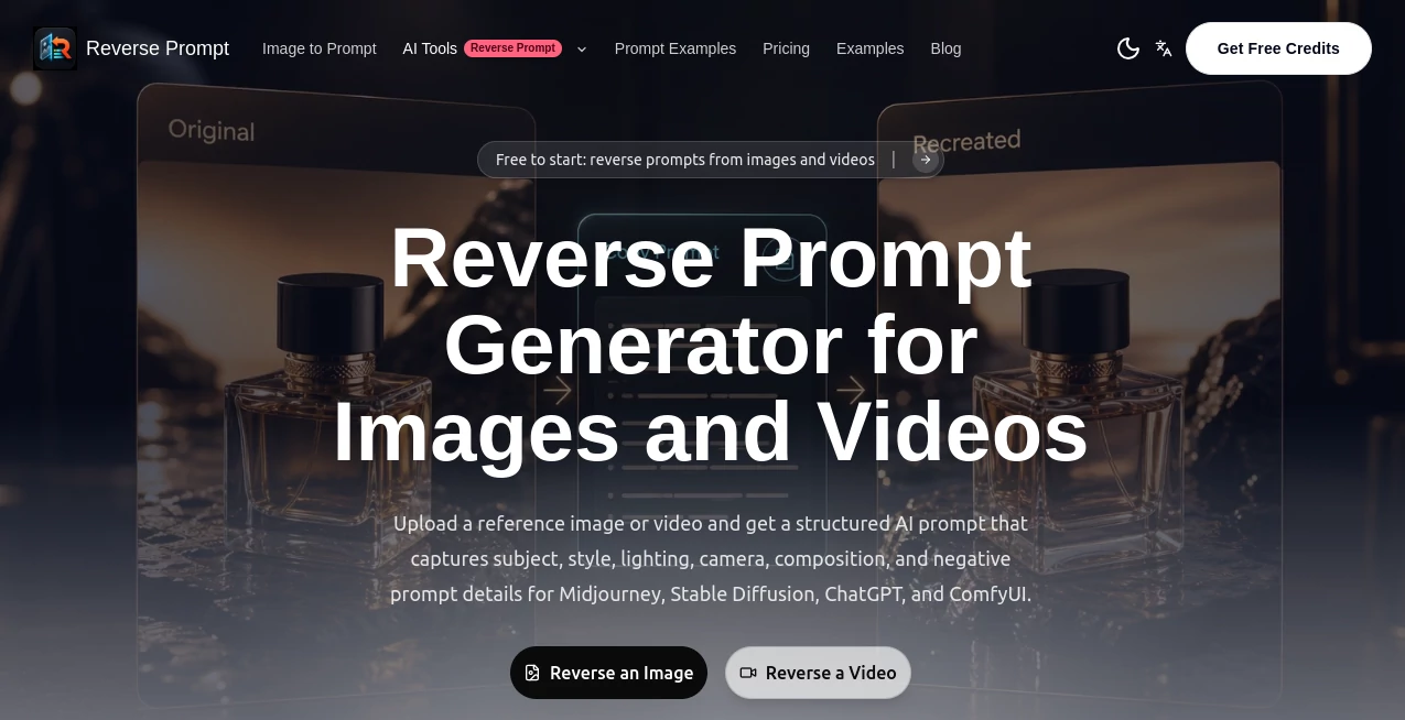 Screenshot of ReversePrompt – An AI tool in the ,AI Text to Image ,AI Image to Image ,AI Art Generator ,AI Design Generator  category, showcasing its interface and key features.