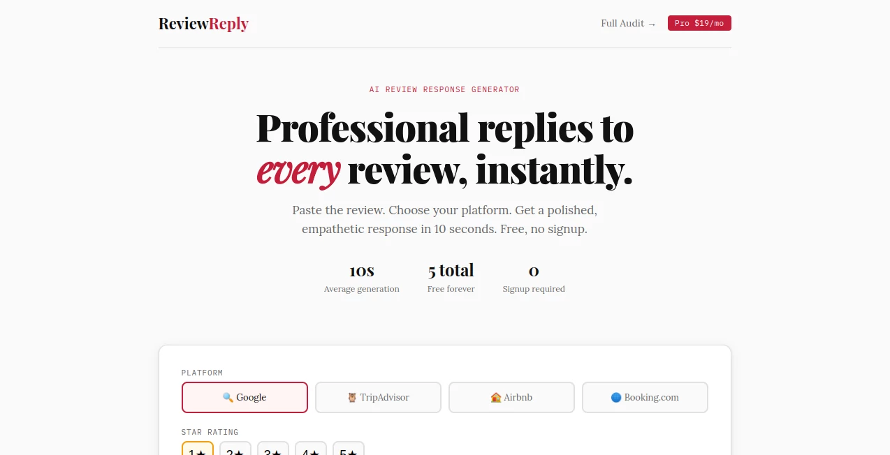 Screenshot of ReviewReply – An AI tool in the ,AI Business Ideas Generator ,AI Customer Service Assistant ,AI Reviews Assistant ,AI Response Generator  category, showcasing its interface and key features.