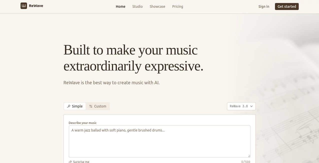 Screenshot of ReWave – An AI tool in the ,AI Audio Enhancer ,AI Music Generator ,AI Voice & Audio Editing ,AI Text to Music  category, showcasing its interface and key features.
