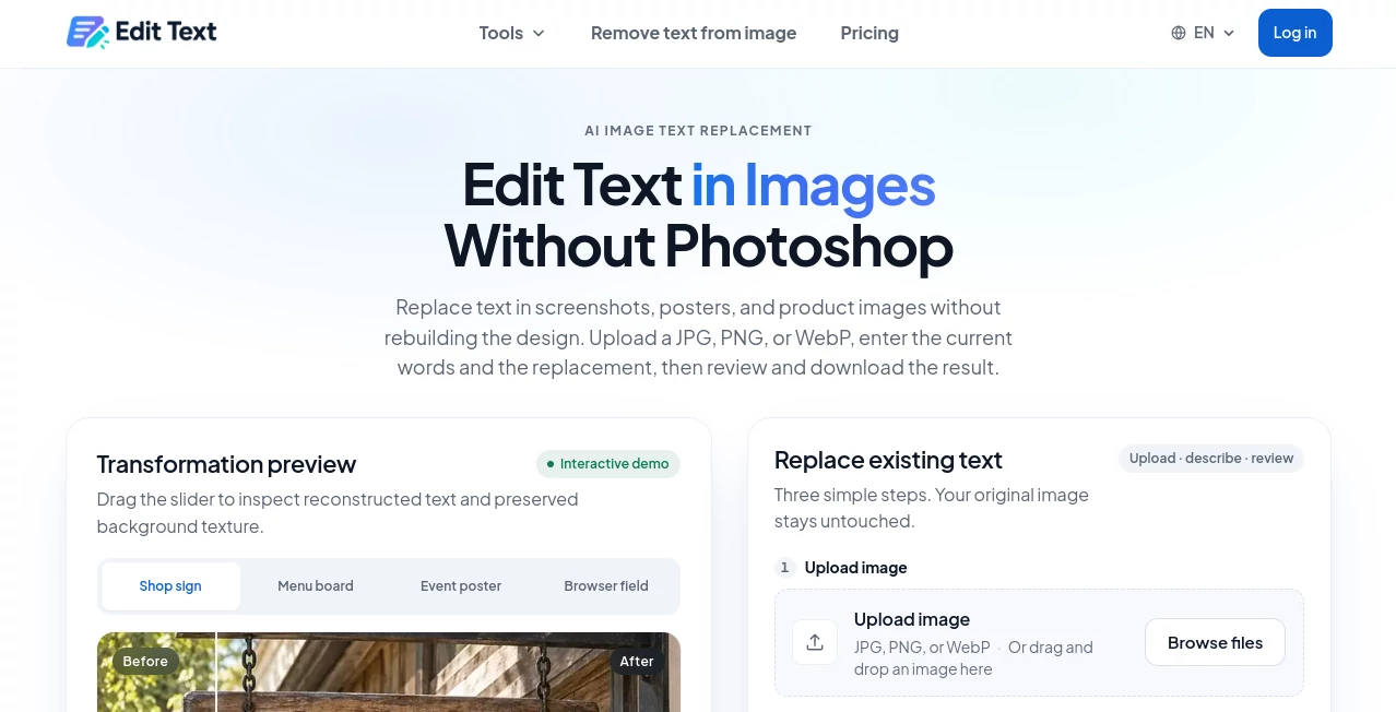 Screenshot of Reword Image – An AI tool in the ,Image  category, showcasing its interface and key features.