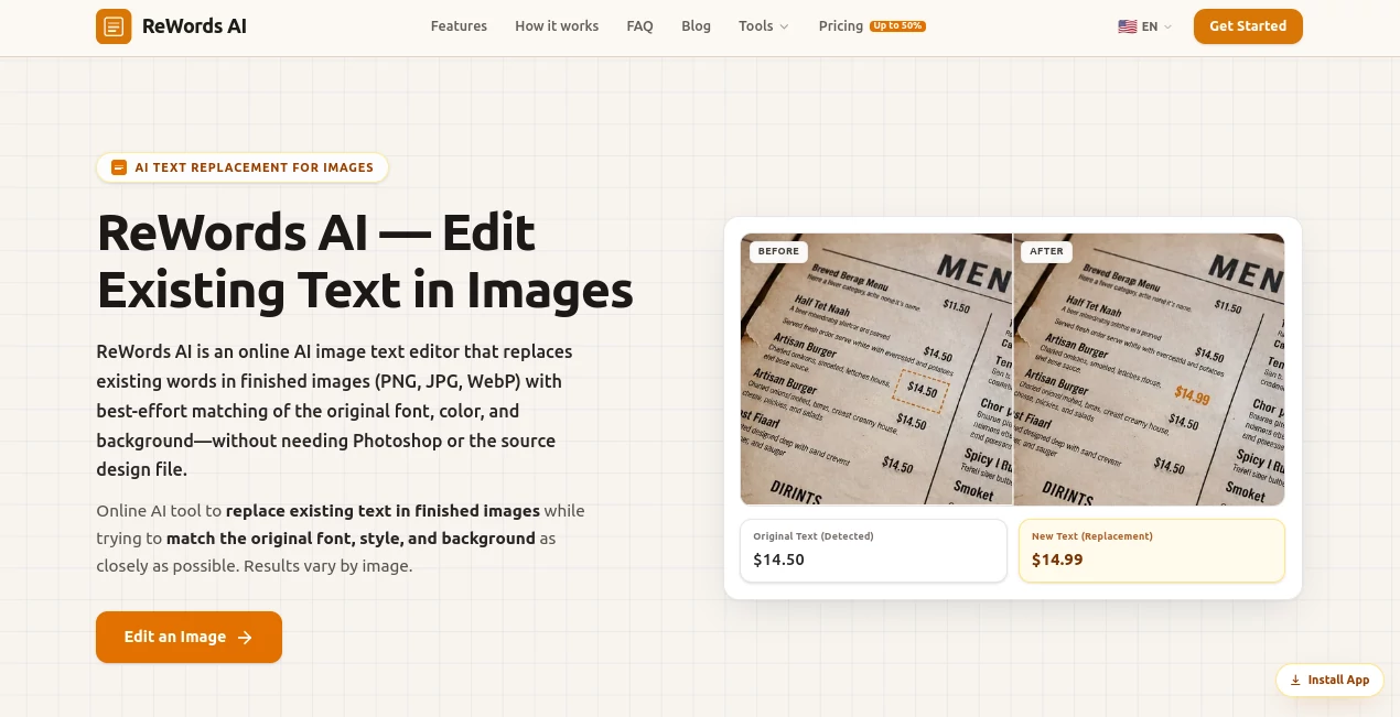 Screenshot of ReWords AI – An AI tool in the ,Photo & Image Editor ,AI Image Scanning ,AI Image to Image  category, showcasing its interface and key features.