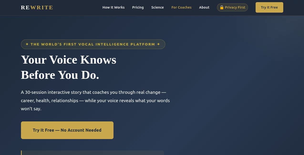 Screenshot of REWRITE – An AI tool in the ,AI Life Assistant ,AI Mental Health ,AI Coaching ,AI Voice Assistants  category, showcasing its interface and key features.
