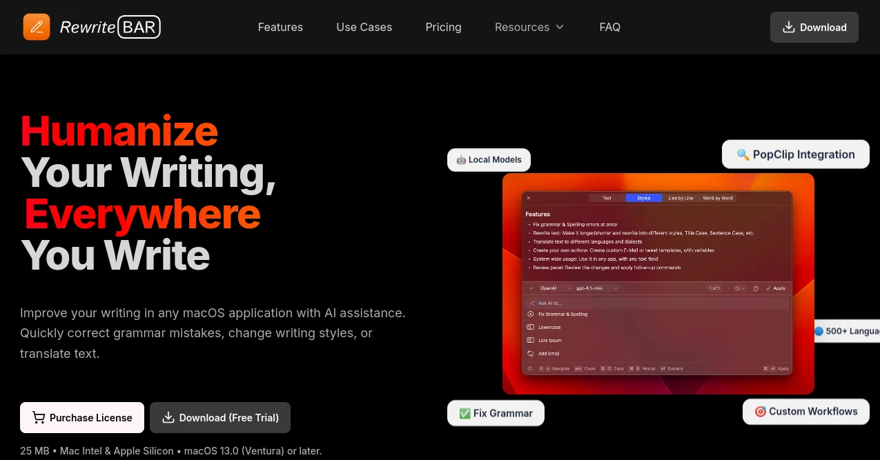 Screenshot of RewriteBar – An AI tool in the ,AI Translate ,AI Summarizer ,AI Rewriter ,AI Writing Assistants  category, showcasing its interface and key features.