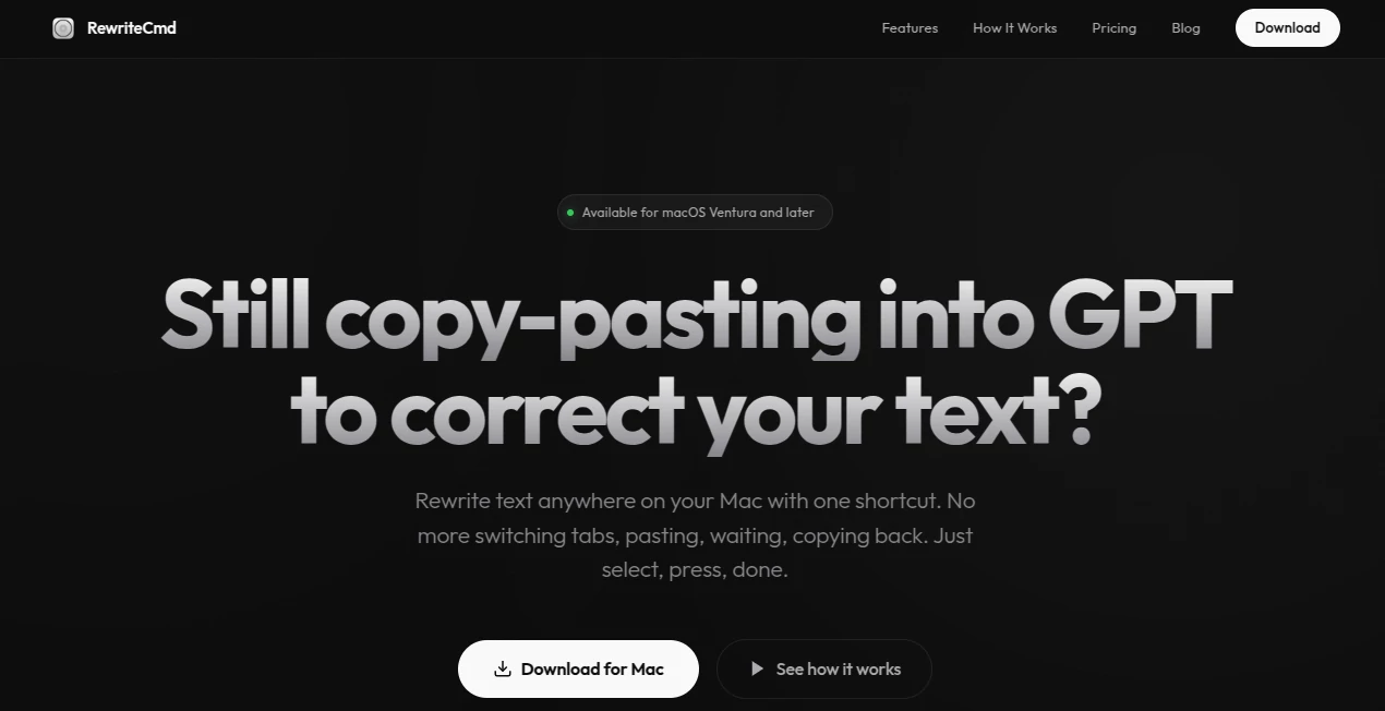 Screenshot of RewriteCmd – An AI tool in the ,AI Rewriter ,AI Writing Assistants ,AI Grammar Checker ,AI Productivity Tools  category, showcasing its interface and key features.