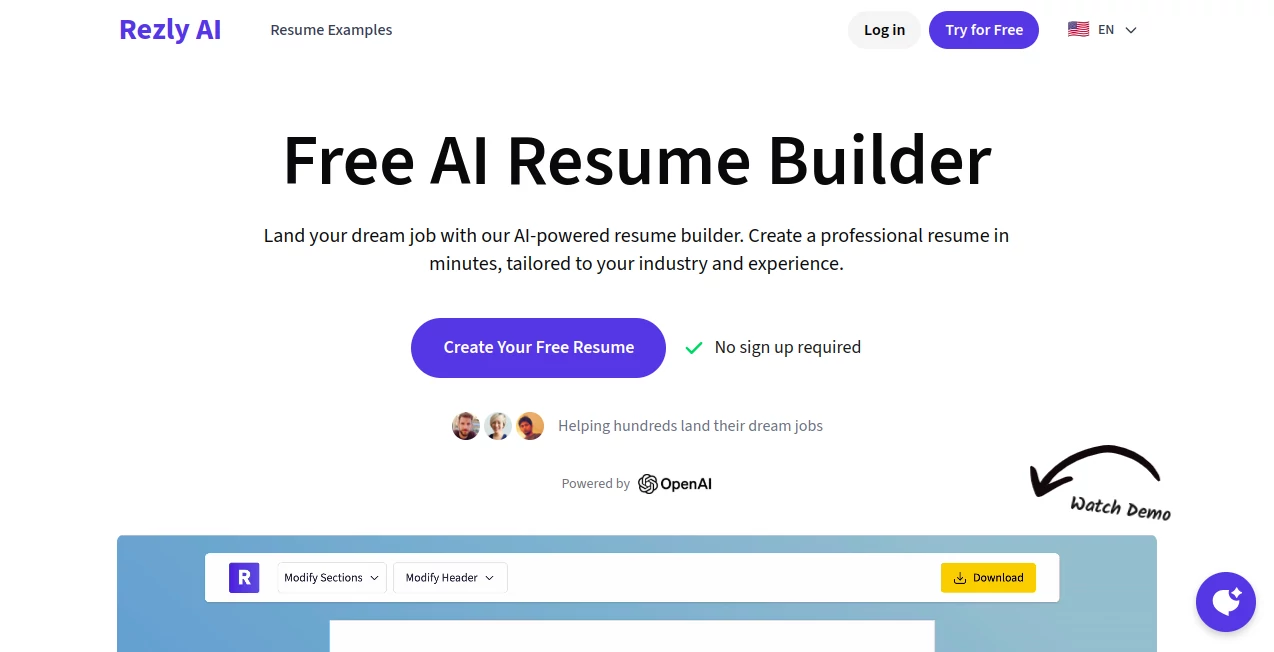 Screenshot of Rezly AI – An AI tool in the ,AI Interview Assistant ,AI Recruiting ,AI Resume Builder ,AI Cover Letter Generator  category, showcasing its interface and key features.