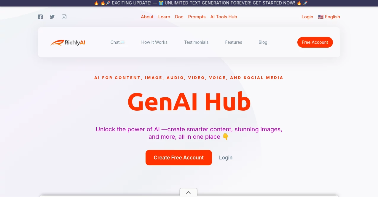 Screenshot of RichlyAI – An AI tool in the ,AI Writing Assistants ,AI Content Generator ,AI Photo & Image Generator ,AI Social Media Assistant  category, showcasing its interface and key features.