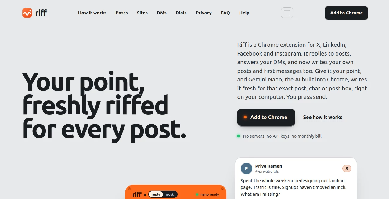 Screenshot of Riff – An AI tool in the ,Text & Writing ,AI Social Media Assistant ,AI General Writing ,AI Writing Assistants  category, showcasing its interface and key features.