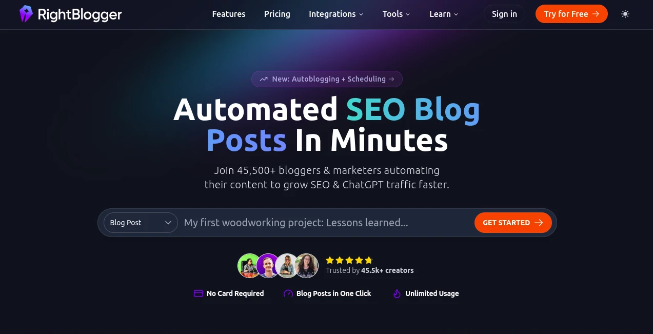 Screenshot of RightBlogger – An AI tool in the ,AI Blog Writer ,AI Content Generator ,AI SEO Assistant ,AI Marketing Plan Generator  category, showcasing its interface and key features.
