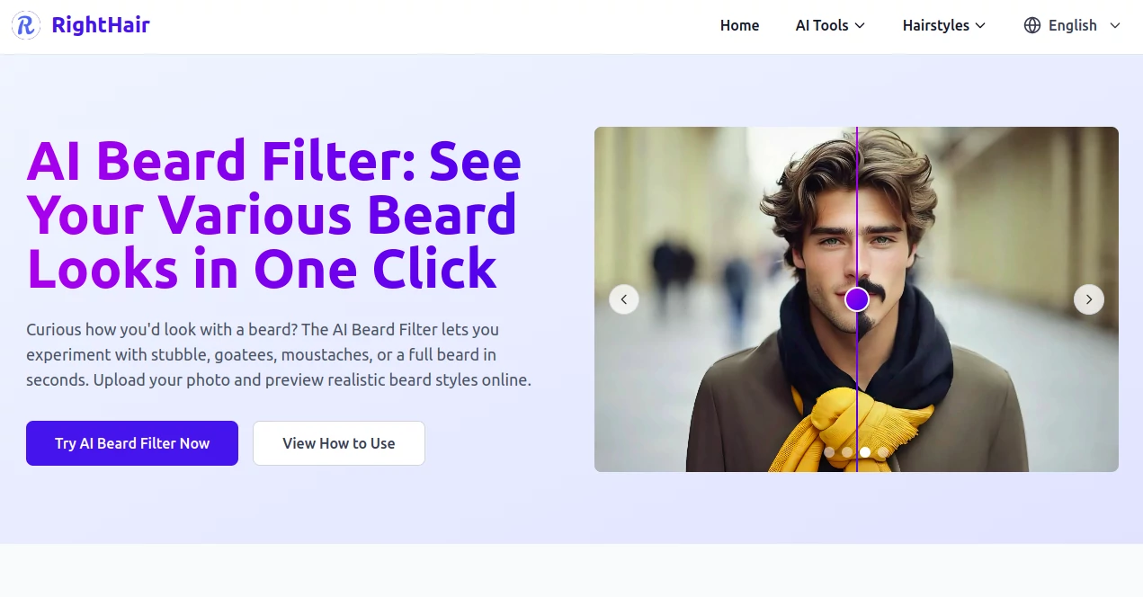 Screenshot of RightHair - AI Beard Filter – An AI tool in the ,AI Photo Enhancer ,Photo & Image Editor ,AI Selfie & Portrait ,AI Image to Image  category, showcasing its interface and key features.