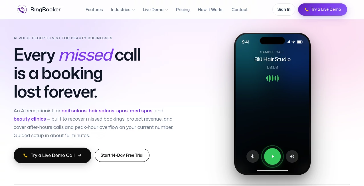 Screenshot of RingBooker – An AI tool in the ,AI CRM Assistant ,AI Productivity Tools ,AI Project Management ,AI Scheduling  category, showcasing its interface and key features.