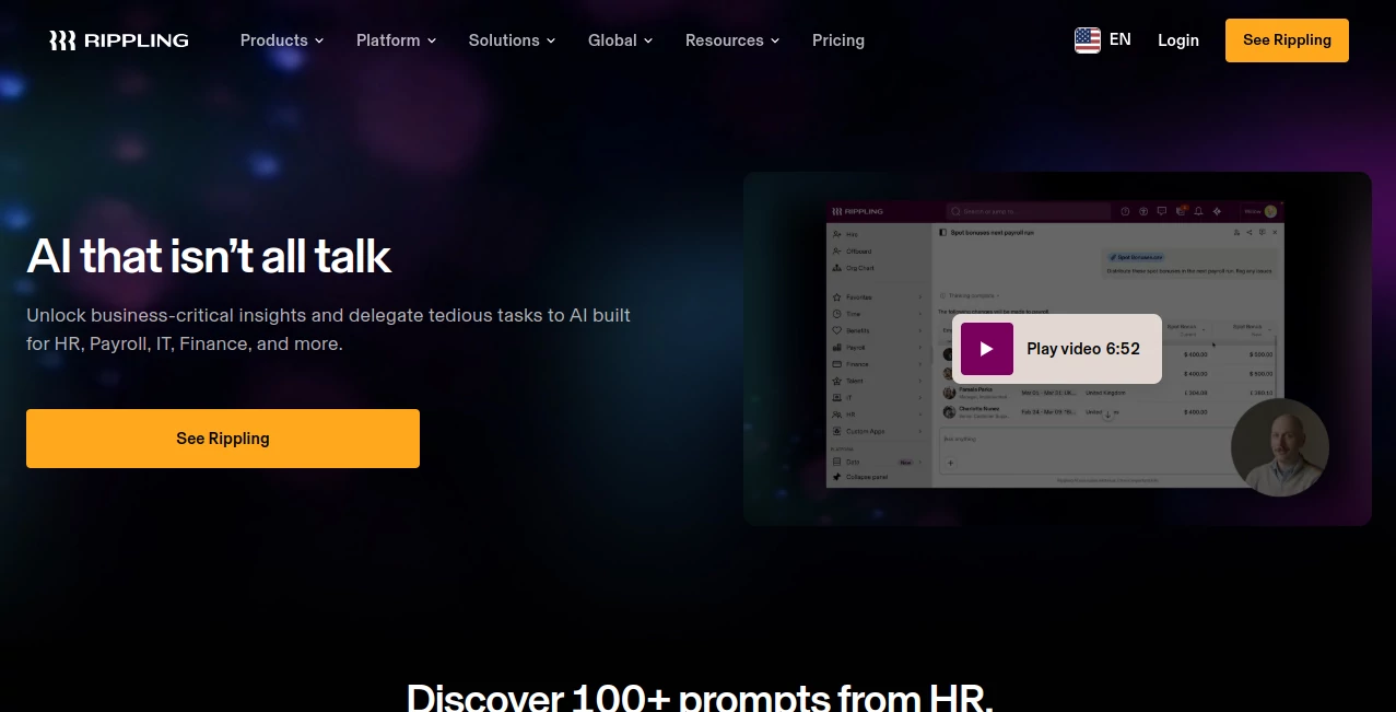 Screenshot of Rippling AI – An AI tool in the ,AI Business Ideas Generator ,AI Productivity Tools ,AI Team Collaboration ,AI Workflow Management  category, showcasing its interface and key features.