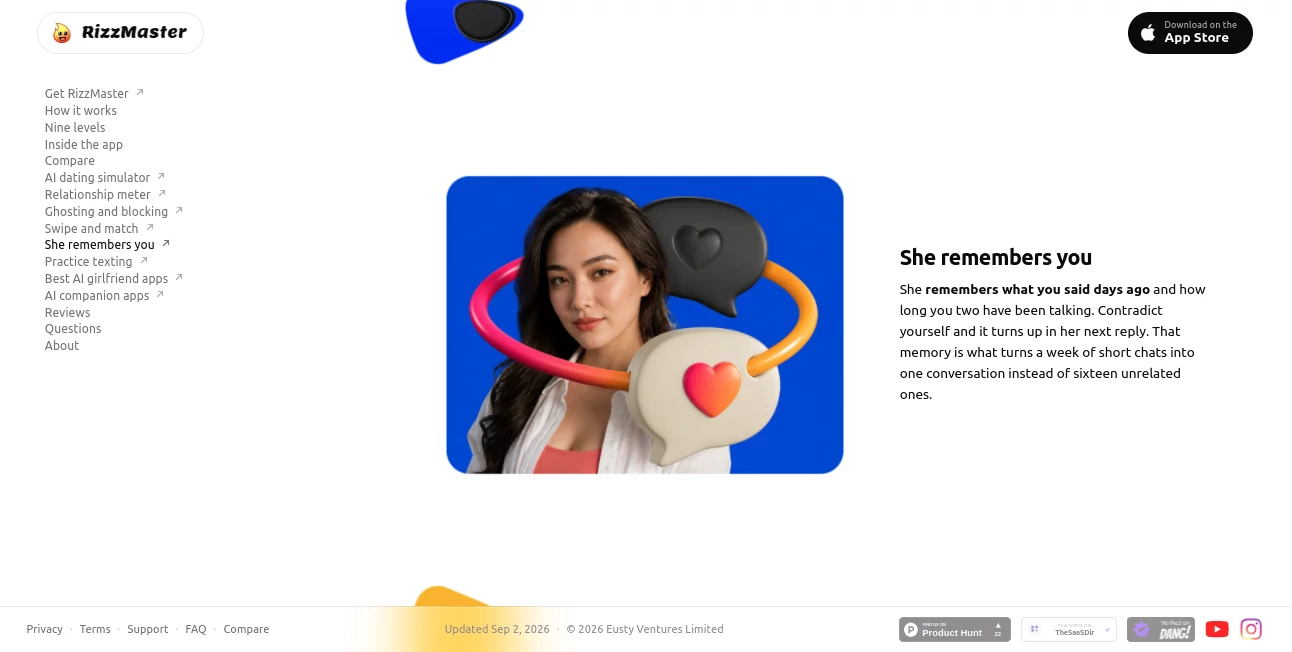 Screenshot of RizzMaster – An AI tool in the ,AI Fun Tools ,AI Dating Assistant ,AI Chatbot ,AI Girlfriend  category, showcasing its interface and key features.