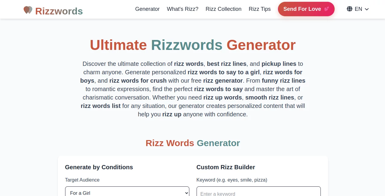 Screenshot of Rizzwords – An AI tool in the ,AI Reply Assistant ,AI Life Assistant ,AI Dating Assistant ,AI Response Generator  category, showcasing its interface and key features.