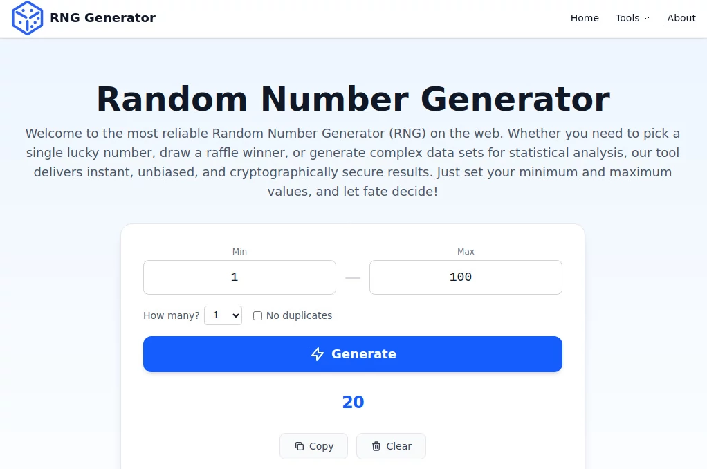 Screenshot of RNG Generator – An AI tool in the ,AI Fun Tools ,AI Productivity Tools ,Other  category, showcasing its interface and key features.