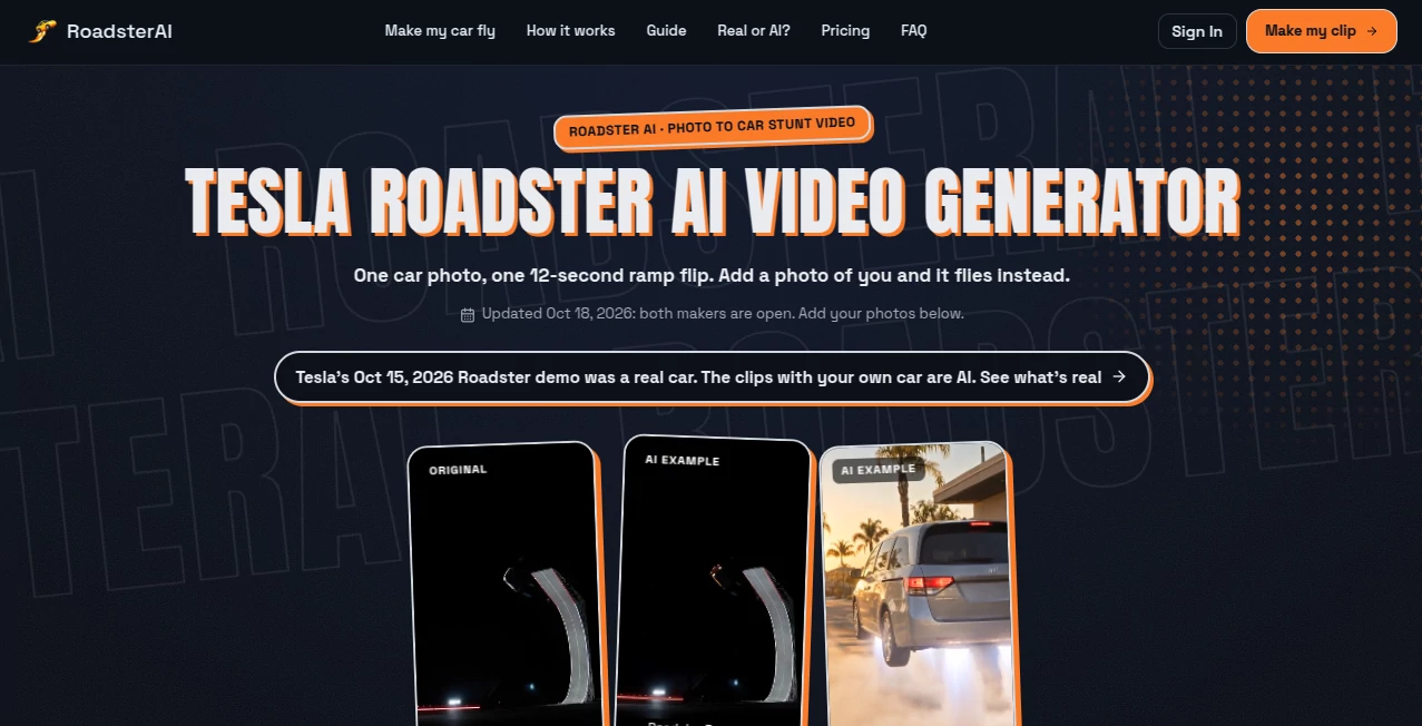 Screenshot of Roadster AI – An AI tool in the ,AI Image to Video ,AI Personalized Video Generator ,AI Video Generator ,Video ,AI Short Clips Generator  category, showcasing its interface and key features.