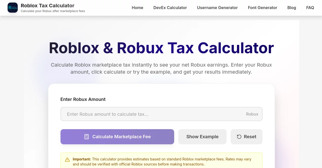 Screenshot of Robux Tax Calculator – An AI tool in the ,AI Game ,AI Fun Tools ,AI Research Tool ,Other  category, showcasing its interface and key features.
