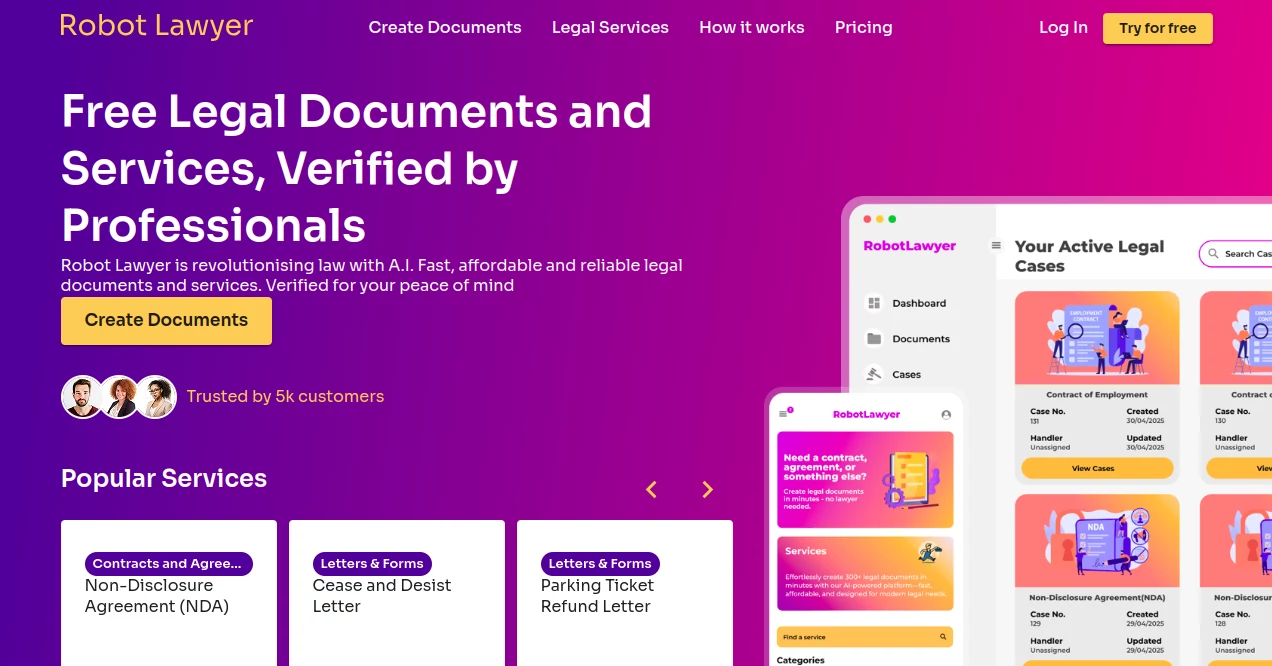 Screenshot of Robot Lawyer – An AI tool in the ,AI Document Extraction ,AI Forms & Surveys ,AI Contract Management ,AI Legal Assistant  category, showcasing its interface and key features.