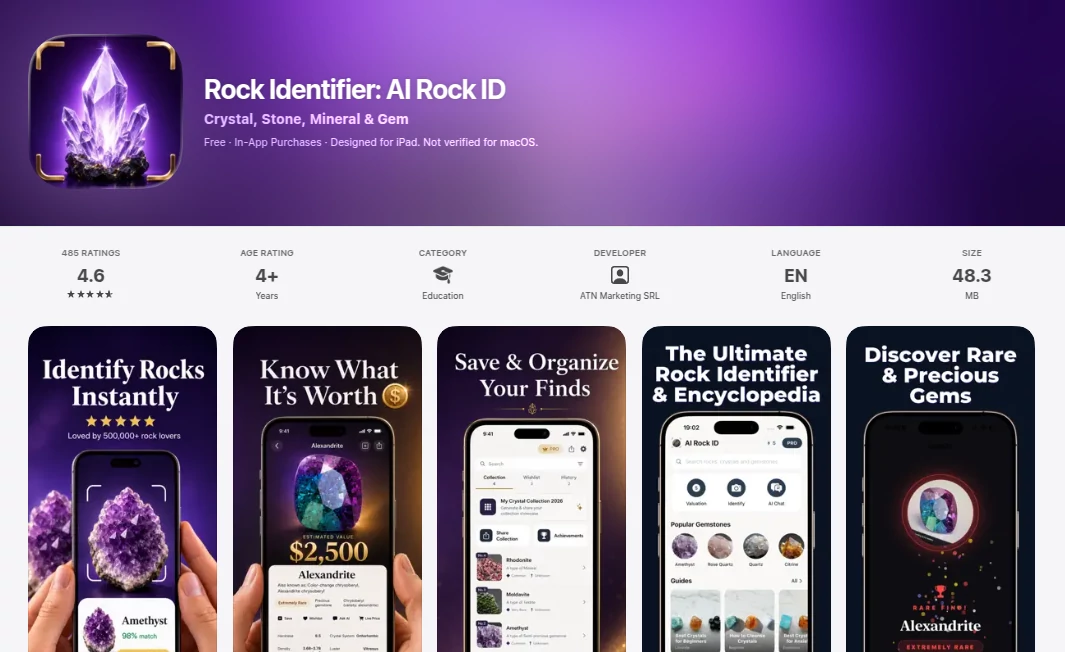 Screenshot of Rock Identifier AI Rock ID – An AI tool in the ,AI Image Scanning ,AI Image Recognition ,AI Healthcare ,AI Education Assistant  category, showcasing its interface and key features.