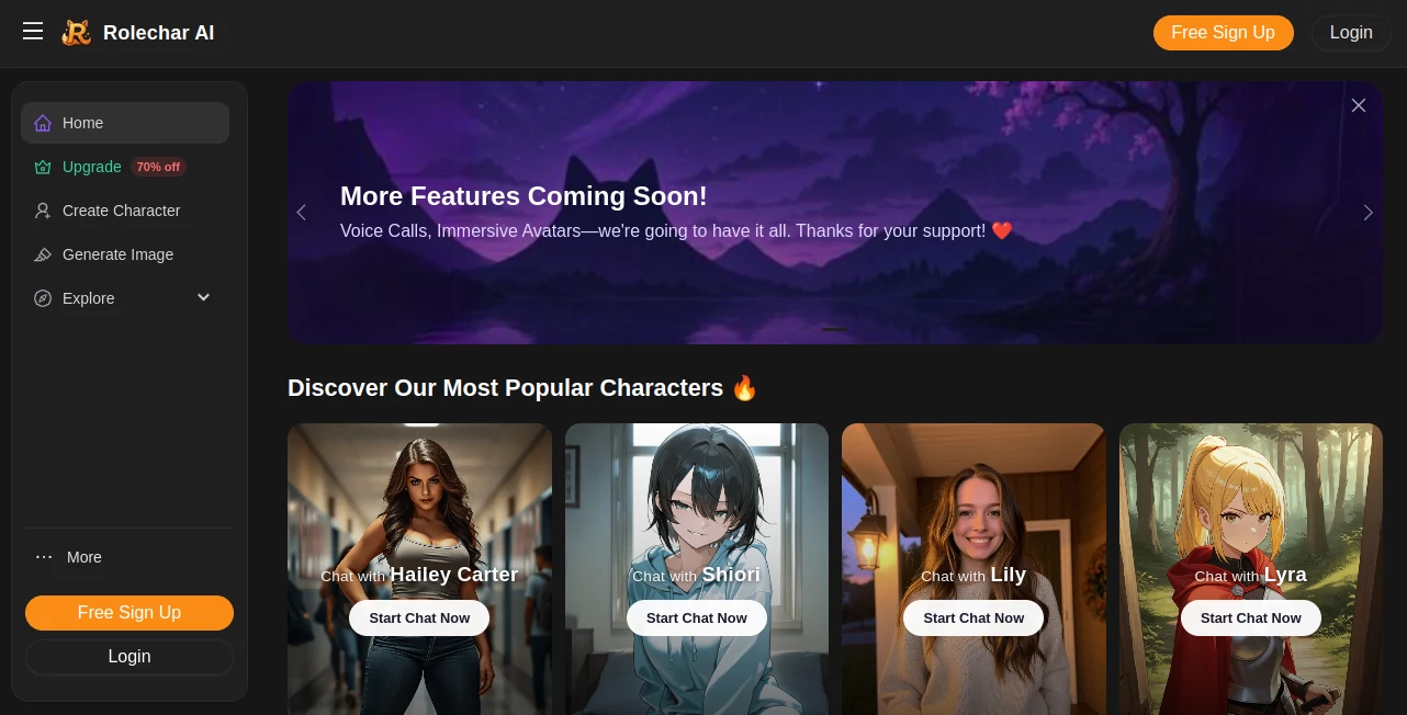 Screenshot of Rolechar AI – An AI tool in the ,AI Character ,AI Chatbot ,AI Girlfriend  category, showcasing its interface and key features.