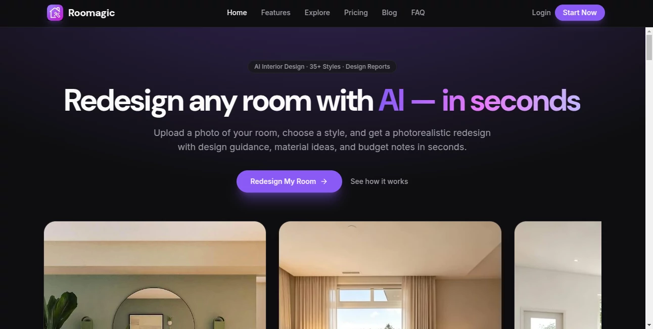 Screenshot of Roomagic – An AI tool in the ,AI Photo & Image Generator ,AI Design Generator ,AI Interior & Room Design ,AI Design Assistant  category, showcasing its interface and key features.