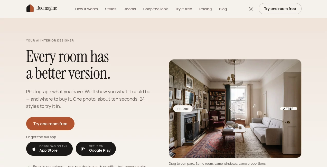 Screenshot of Roomagine – An AI tool in the ,AI Photo & Image Generator ,AI Design Generator ,AI Image to Image ,AI Interior & Room Design  category, showcasing its interface and key features.