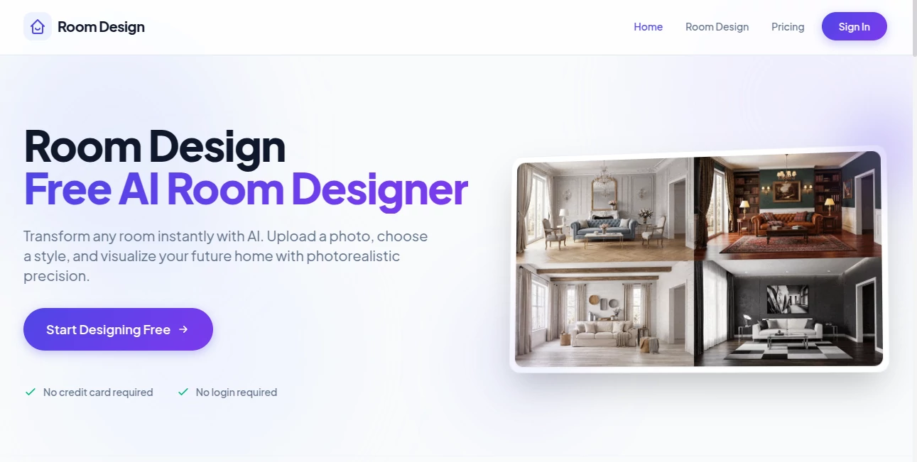 Screenshot of Room Design – An AI tool in the ,AI Design Generator ,AI Interior & Room Design  category, showcasing its interface and key features.