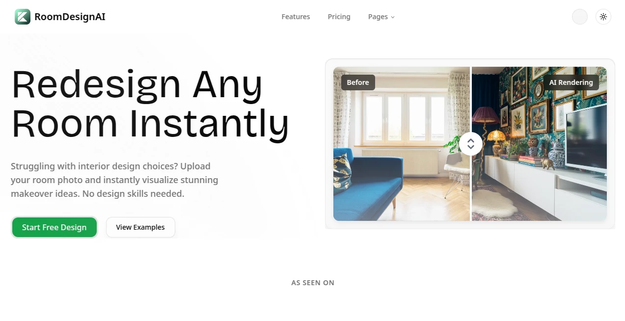Screenshot of roomdesignai – An AI tool in the ,Photo & Image Editor ,AI Art Generator ,AI Design Generator ,AI Interior & Room Design  category, showcasing its interface and key features.