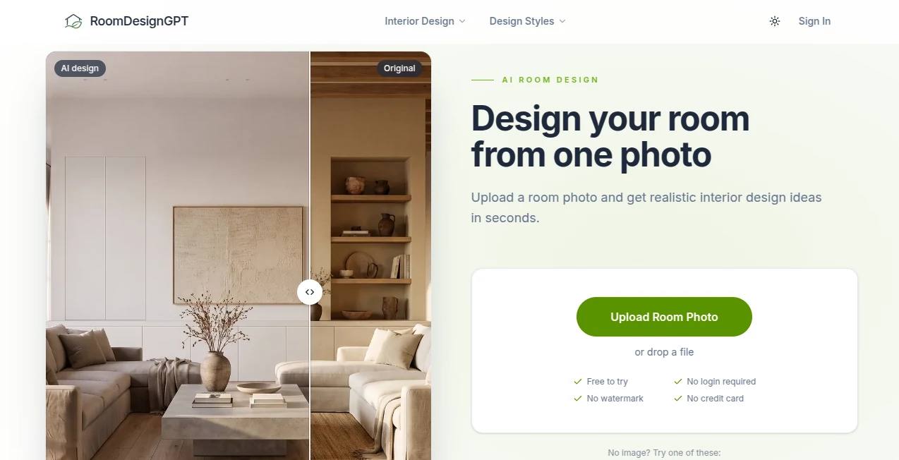 Screenshot of RoomDesignGPT – An AI tool in the ,AI Photo & Image Generator ,AI Design Generator ,AI Image to Image ,AI Interior & Room Design  category, showcasing its interface and key features.