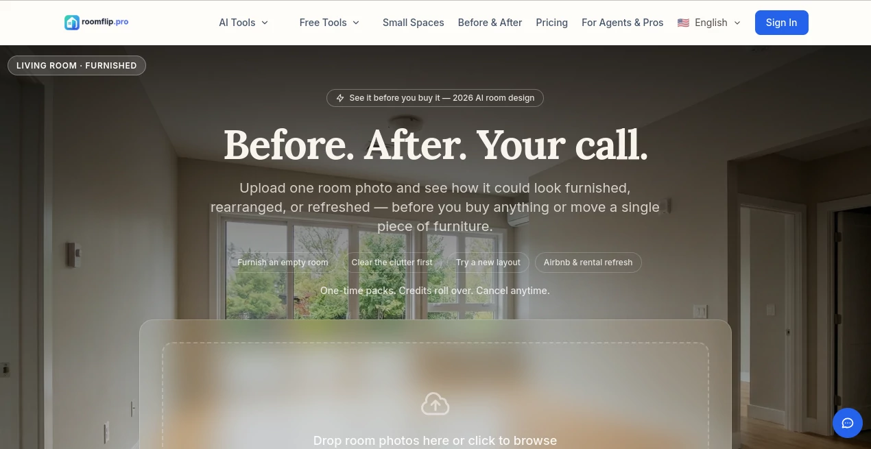 Screenshot of RoomFlip – An AI tool in the ,AI Photo & Image Generator ,AI Image to Image ,AI Design Generator ,AI Interior & Room Design  category, showcasing its interface and key features.