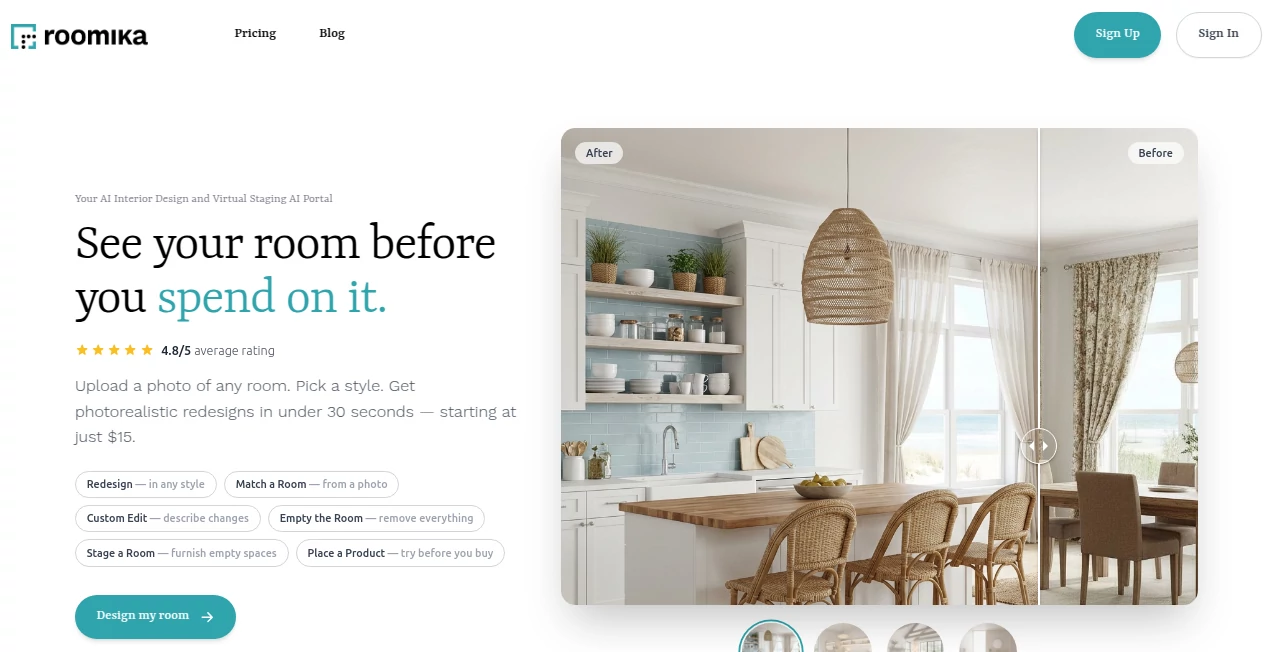 Screenshot of Roomika – An AI tool in the ,AI Image to Image ,AI Design Generator ,AI Interior & Room Design ,AI Design Assistant  category, showcasing its interface and key features.