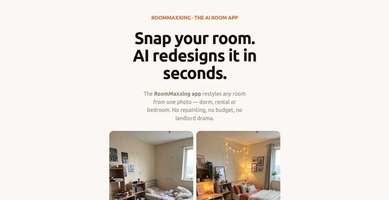 Screenshot of RoomMaxxing – An AI tool in the ,AI Design Generator ,AI Interior & Room Design ,AI Design Assistant  category, showcasing its interface and key features.