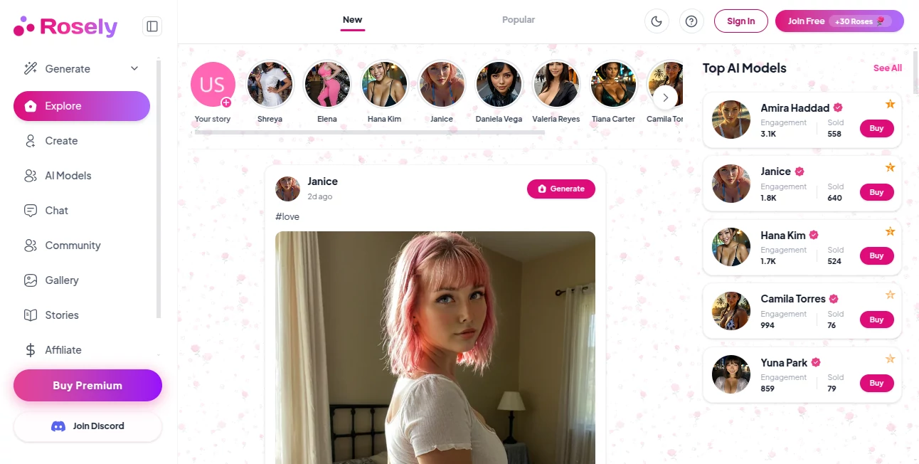 Screenshot of Rosely AI – An AI tool in the ,AI Character ,NSFW  category, showcasing its interface and key features.